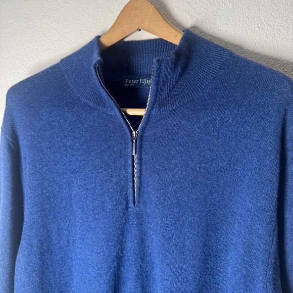 Peter Elliot 100% Cashmere 1/4 Zip Pullover Sweater Mens Blue Luxury‎ XL Large